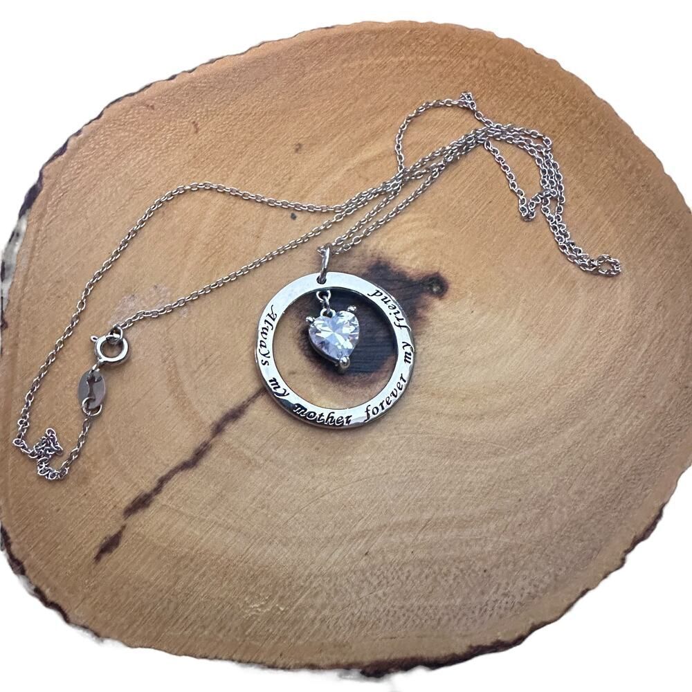 Always My Mother Forever My Friend Sterling Silver Heart CZ Necklace